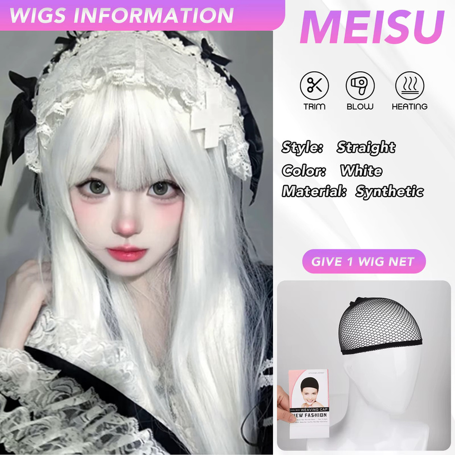 MEISU Synthetik-Perücke, weiß, lang, glatt, mit Pony - Bild 2