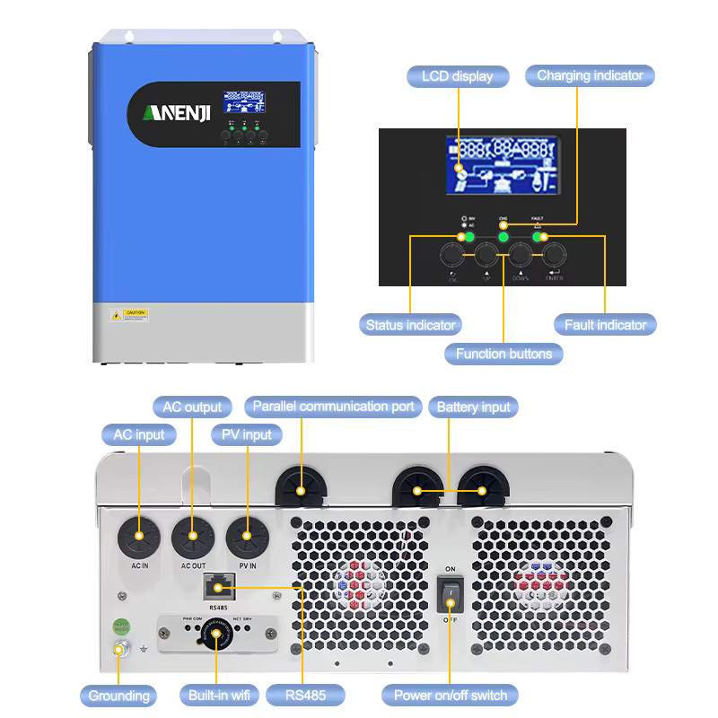 ANENJI Hybrid-Solar-Wechselrichter, dreiphasig, 18,6 kW, 48 V, 220/380 VAC, reiner Sinuswellen-Parallelwechselrichter mit 120 A Solarladegerät, PV 60–500 VDC, Blau - Bild 4