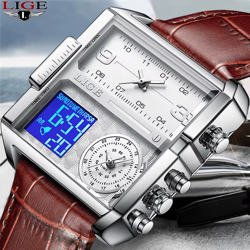 LIGE Armbanduhr Digital, Quarz, Schwarz, Edelstahl, Leder, Herren - Bild 4