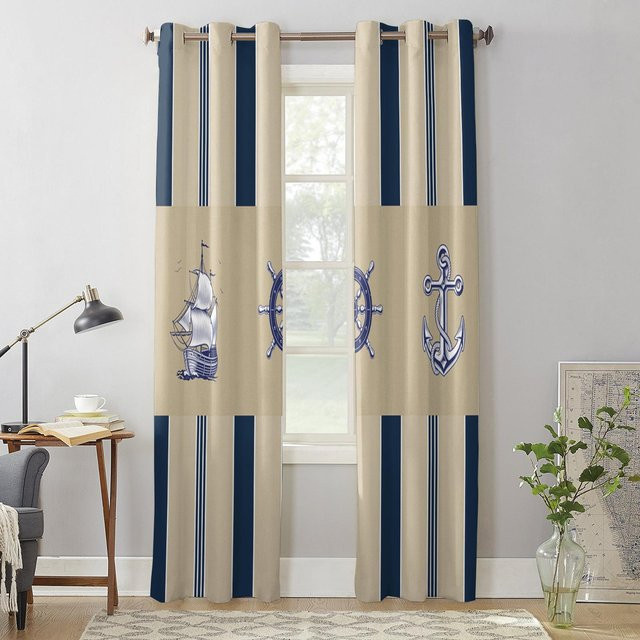 Super Six Vorhang mit maritimem Schiffsruder und Anker Design, blau gestreift, semi-transparent, Breite: 135 cm, Höhe: 160 cm - Bild 1