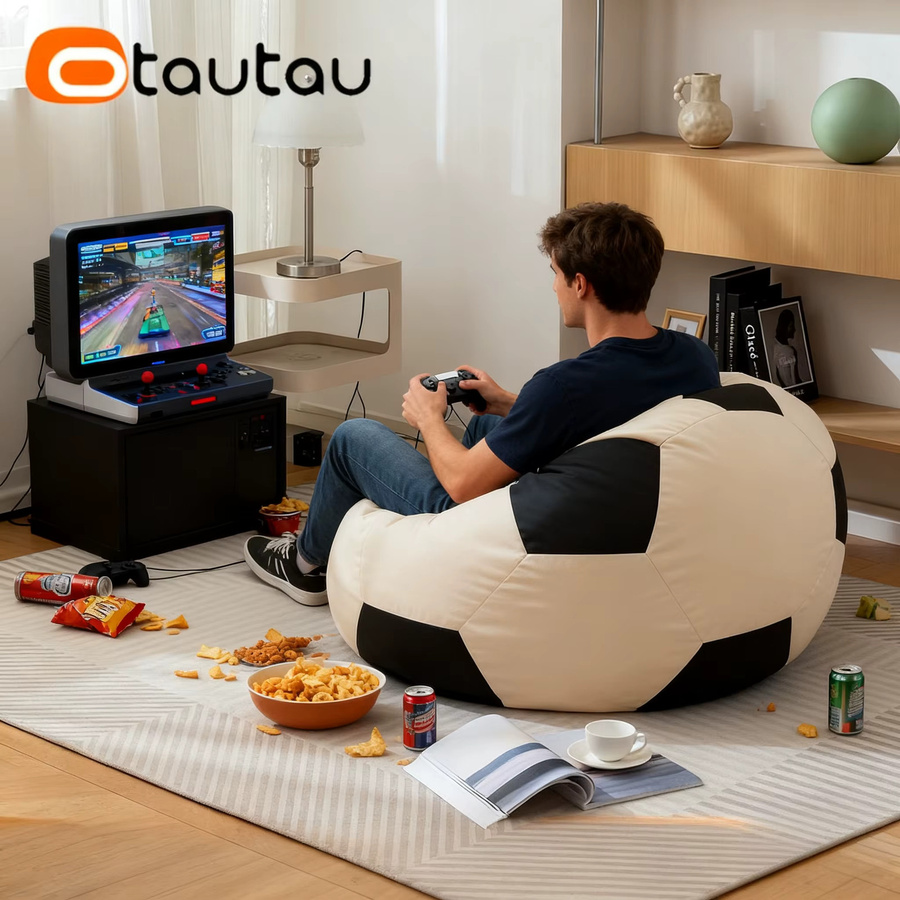OTAUTAU Fußball-Sitzsackbezug aus Kunstleder für Kinder und Erwachsene in Beige und Schwarz - Bild 4