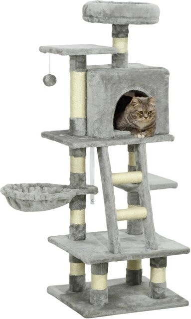 PawHut Kratzbaum für Katzen in Grau mit Plüsch, Höhle und integriertem Spielzeug, B/T/H: 44 x 49 x 132 cm - Bild 1