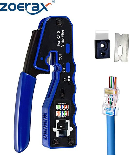 ZOERAX RJ45 Ethernet Crimpzange All-in-One Crimper für Cat6 und Cat5e Anschlüsse in Blau mit Ersatzklingen - Bild 1