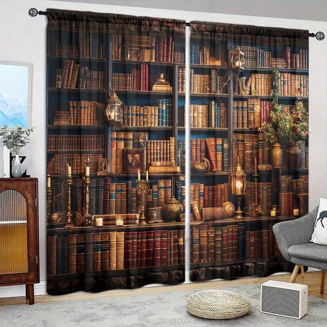 2er-Set Mittelalterliches Bücherregal Vorhang mit Grafikprint in Braun, halbtransparent, Breite: 107 cm, Höhe: 213 cm - Bild 1