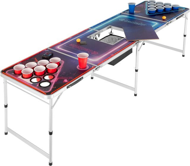 tectake Aluminium Bierpongtisch Beerwars II mit Eisfach, Becherlöchern, LED-Beleuchtung und Zubehör, B/T/H: 234 x 61 x 71 cm, Bunt - Bild 2