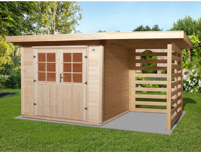 OBI Holz-Gartenhaus La Spezia in Natur mit Anbaudach und Flachdach aus Fichtenholz, B: 385 cm, T: 209 cm - Bild 1
