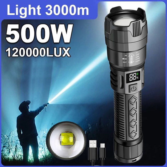 Heinast P50 Taschenlampe mit Digital Power Display, Teleskop-Zoom und Akku, wasserdicht, Schwarz - Bild 1