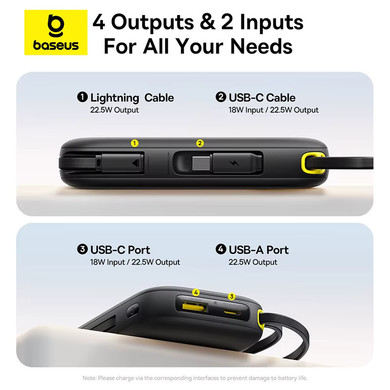 Baseus Power Bank mit 22,5 W Schnellladefunktion und eingebauten USB-C sowie Lightning Kabeln, 10000 mAh, in Schwarz oder Lila - Bild 3