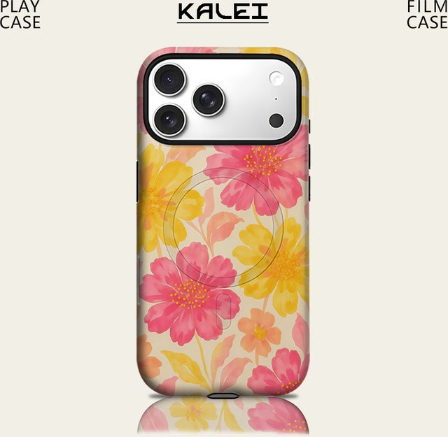Potdemiel Handyhülle mit rosa und gelben Blüten für iPhone 17 16 15 14 13 Pro Max Plus, robuste magnetische Einzel- und Doppelschicht-Schutzhülle - Bild 1