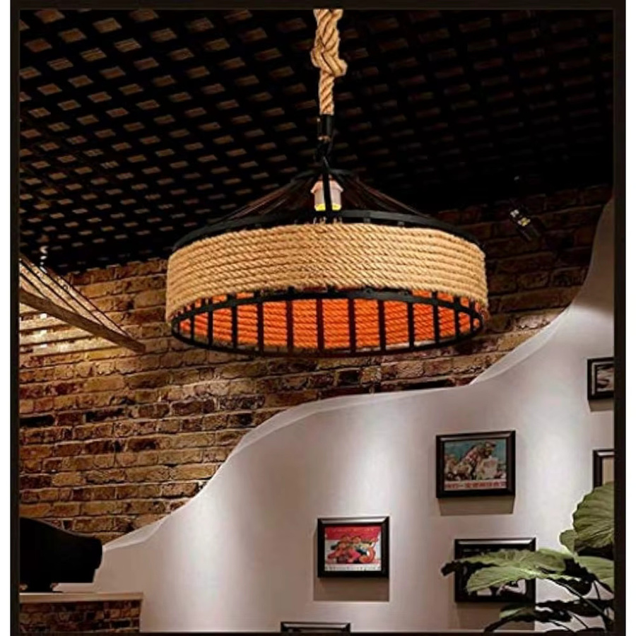 JOYINLED Vintage Hanfseil Pendelleuchte im Industriestil, runde Deckenleuchte aus Holz und Metall in Schwarz und Braun, Durchmesser: 40 cm - Bild 4