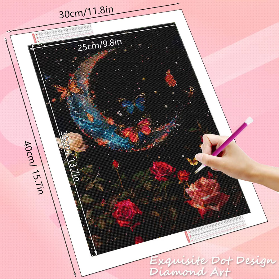 HUACAN Diamantmalerei 5D Mondlandschaft und Rosenblüten als dekoratives Kunstgemälde in Multicolour, runde Form, B: 30,0 cm, H: 20,0 cm - Bild 2