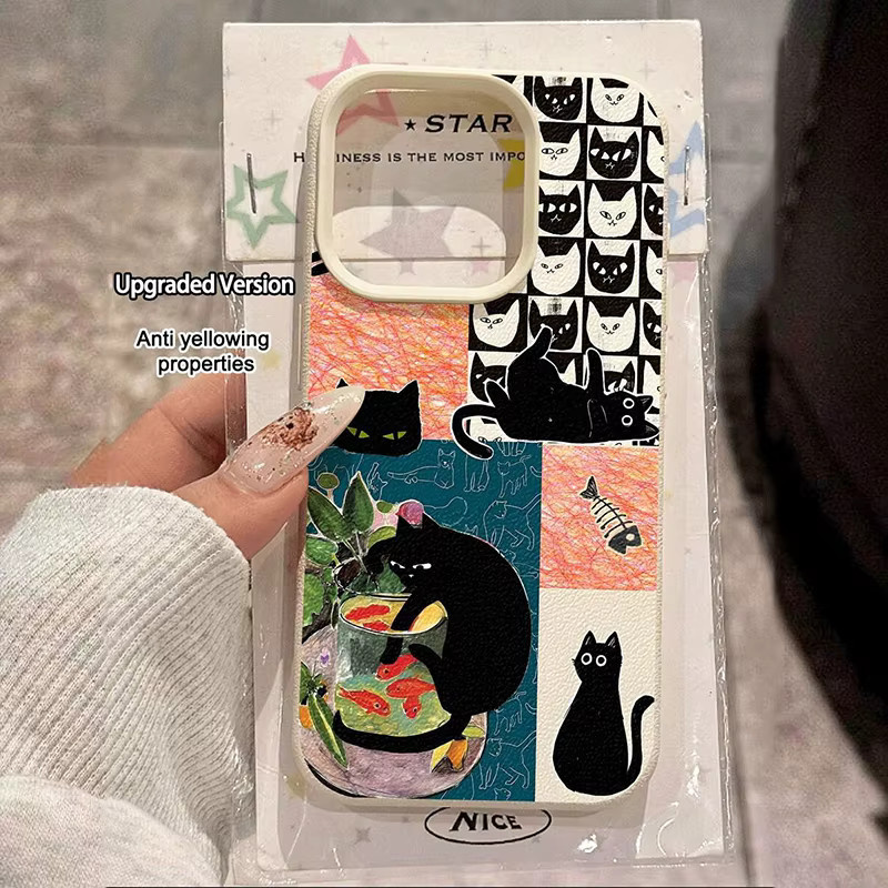 Schwarze Katzen-Collage mit Litschi-Muster Schutzhülle für Apple iPhone 11 bis 17 Pro Max, Schwarz/Mehrfarbig - Bild 1