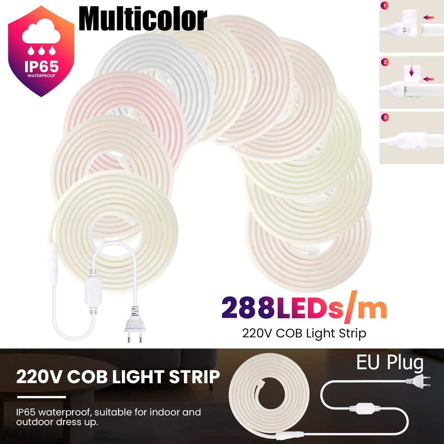 HEGEHE COB LED Streifen mit EU Stecker, IP65 wasserdicht und flexibel, 288 LEDs/m, Farben: Warm Weiß, Rot, Blau, Grün, Rosa - Bild 4