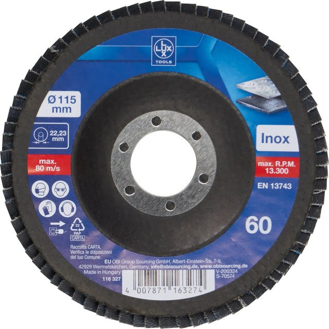 LUX-TOOLS Fächerschleifscheibe für Metall in Blau, Durchmesser: 115 mm, Körnung: K60 - Bild 1