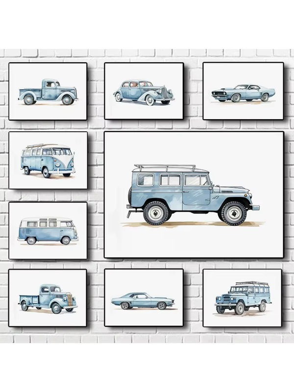 Potdemiel Klassisches Auto Aquarell Wandbild in Blau als Leinwand-Poster im Querformat - Bild 2