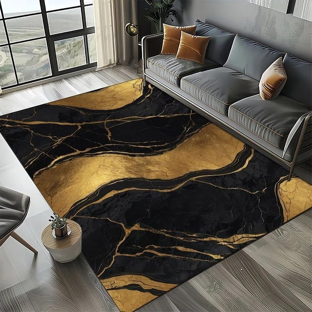 Karpetti Teppich Läufer mit Marmor-Design in Schwarz Weiß Gold, rutschfest und waschbar, B/T: 40 x 60 cm - Bild 1