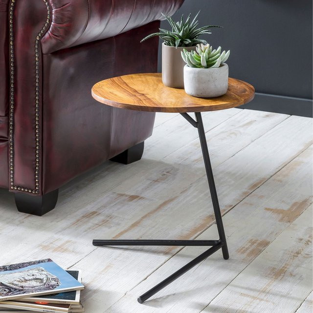 FineBuy Design Beistelltisch aus Sheesham Massivholz und Metall in Braun, Durchmesser: 40 cm, Höhe: 46 cm - Bild 1