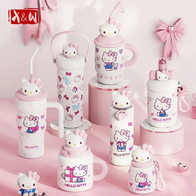 X&W Hello Kitty Isolierte Tasse mit rosa Schleife, auslaufsicher und kältebeständig, 250 ml - Bild 1