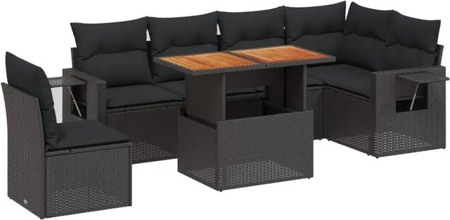 vidaXL 7-tlg. Garten-Sofagarnitur in L-Form aus schwarzem Poly-Rattan mit Kissen und pulverbeschichtetem Stahlrahmen - Bild 1