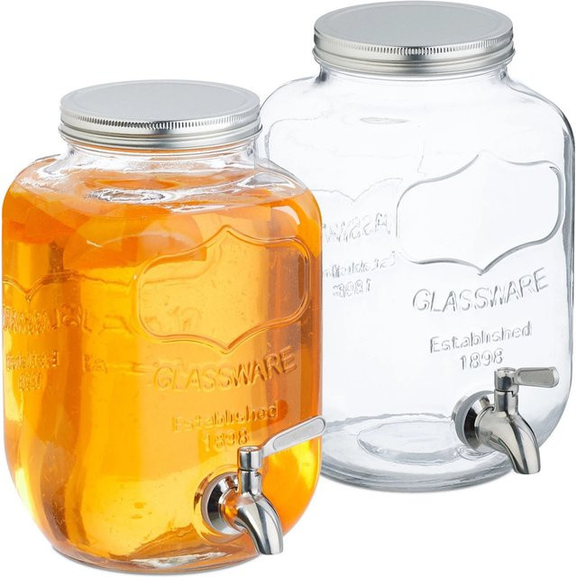 Relaxdays 2er Set Getränkespender aus Glas und Edelstahl in Transparent und Silber mit Zapfhahn und Deckel - Bild 1