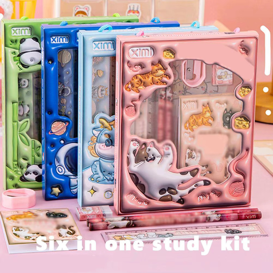 6-in-1 Kawaii Schreibwaren-Set in Grün als Geschenkbox für Grundschulkinder mit Bleistiften, Anspitzer und Radiergummi - Bild 1