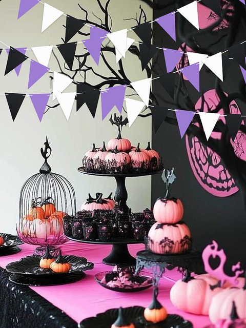 VRISE Wimpelbanner mit geometrischem Dreiecksmuster in Lila, Schwarz und Weiß für Halloween, Geburtstag und Hochzeiten - Bild 1