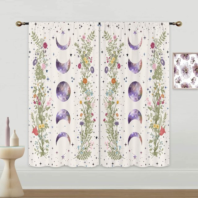 2er-Set Vorhänge mit Sonne Mond und Sternbild Design im Gothic Boho Mandala Stil, halbtransparent, Mehrfarbig, Breite: 50 cm, Höhe: 130 cm - Bild 1