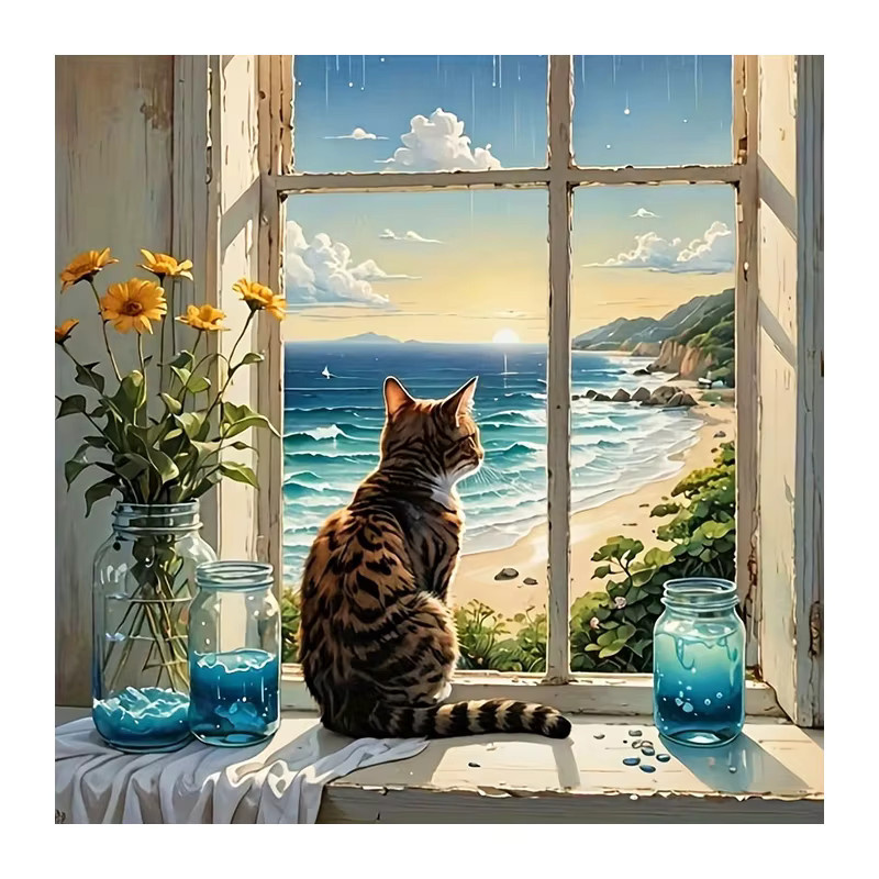 Huacan Diamant-Mosaik Bastelset mit Katzen- und Meereslandschaft in Multicolour, Rund-Diamantgemälde - Bild 4