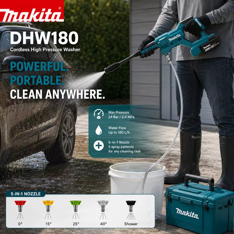 Makita DHW180 Tragbarer Akku-Hochdruckreiniger 18V mit Wassersprühpistole für Auto, Garten und Außenreinigung - Bild 3