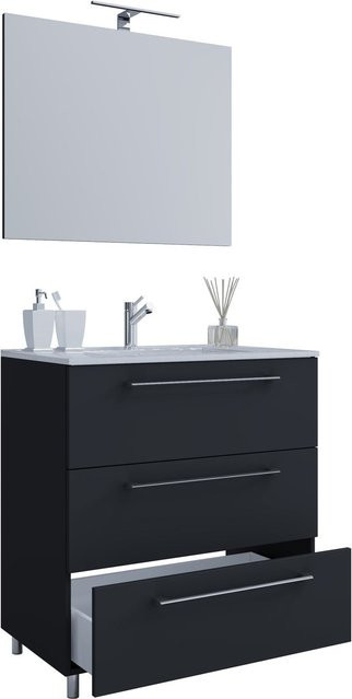 VCM Badmöbel Set Badinos 3-tlg. Waschplatz mit Waschbecken, Unterschrank und Spiegel in Schwarz Matt, Breite: 80 cm, Höhe: 86 cm, Tiefe: 46 cm - Bild 1