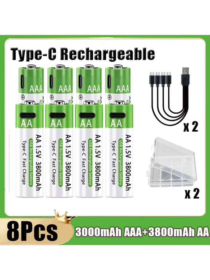 SCRCEO Wiederaufladbare Lithium-Ionen-Akkus Typ-C Set in Grün, AA 3800mAh und AAA 3000mAh für Fernbedienung, Maus und Spielzeug - Bild 3