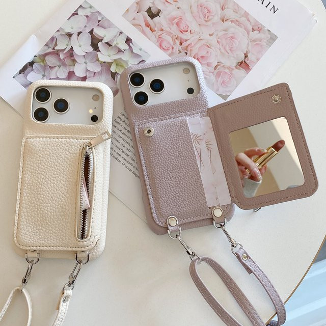 Handyhülle für Apple iPhone mit Make-up-Spiegel, Kartenhalter und Umhängeband in Beige - Bild 1