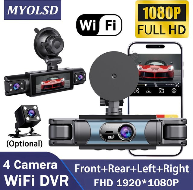 MYOLSD 4-Linsen 360-Grad Dashcam mit 4K-Video, 1080P Auflösung, WIFI-App-Steuerung und Rückfahrkamera, Schwarz - Bild 1