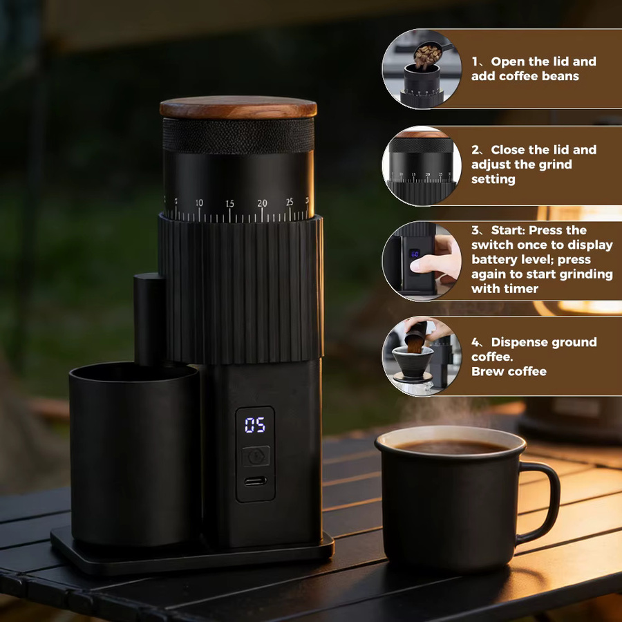 CF Wisdom Elektrische Kaffeemühle Schwarz, Tragbare USB-Aufladbare Kaffeebohnenmühle mit Einstellbaren Mahlgraden für Reisen, Zuhause und Büro - Bild 2