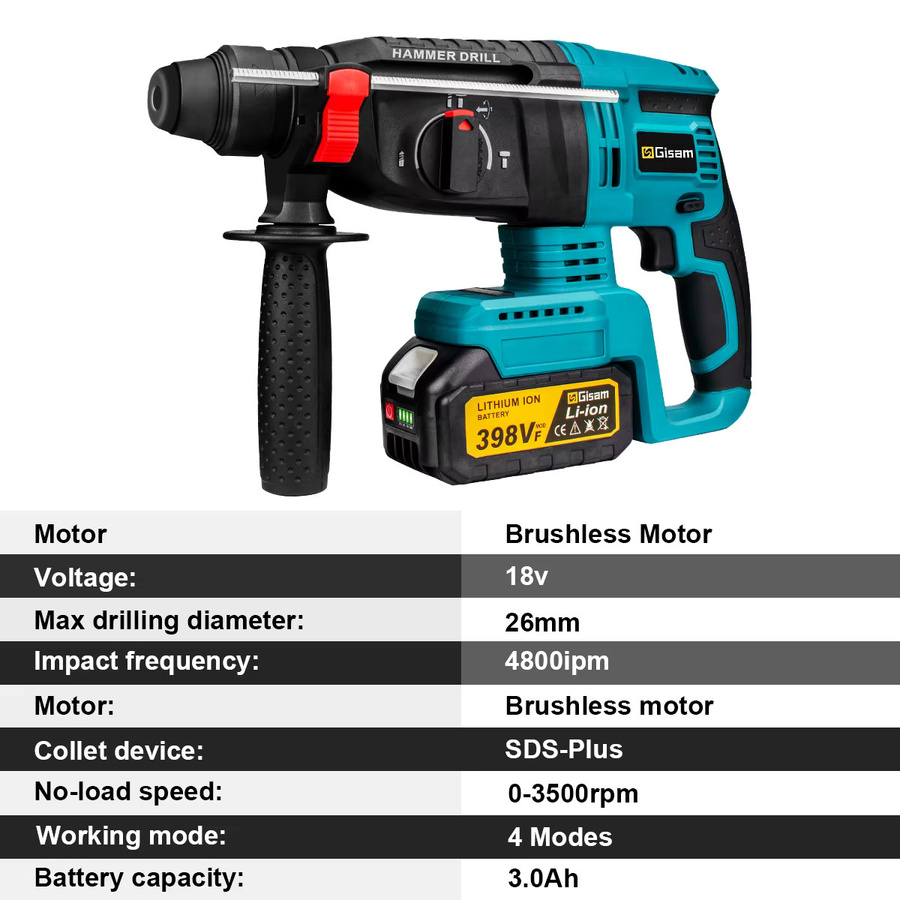 Gisam Bürstloser Elektrischer Bohrhammer 26mm mit 4 Modi und 360 Grad Rotation, Akku-Schlagbohrschrauber kompatibel mit Makita 18V Akku - Bild 8