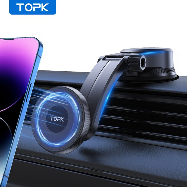 TOPK Magnetischer Autotelefonhalter in Schwarz für iPhone 15, 14, 13, 12 Pro Max mit Magsafe-Unterstützung und Metallhaken für Einhandbedienung - Bild 1