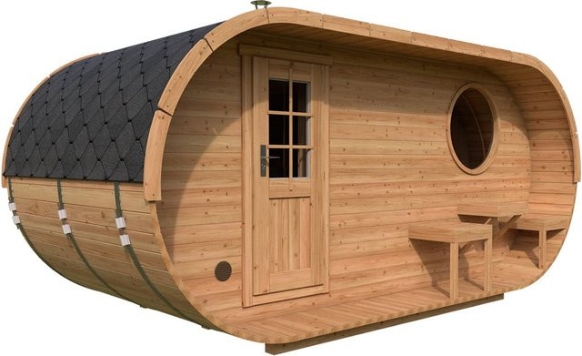 Ovale Fasssauna aus Holz mit Vorraum und Auswahl zwischen Holzofen oder Elektroofen, B/T/H: 5 x 2,5 m - Bild 1