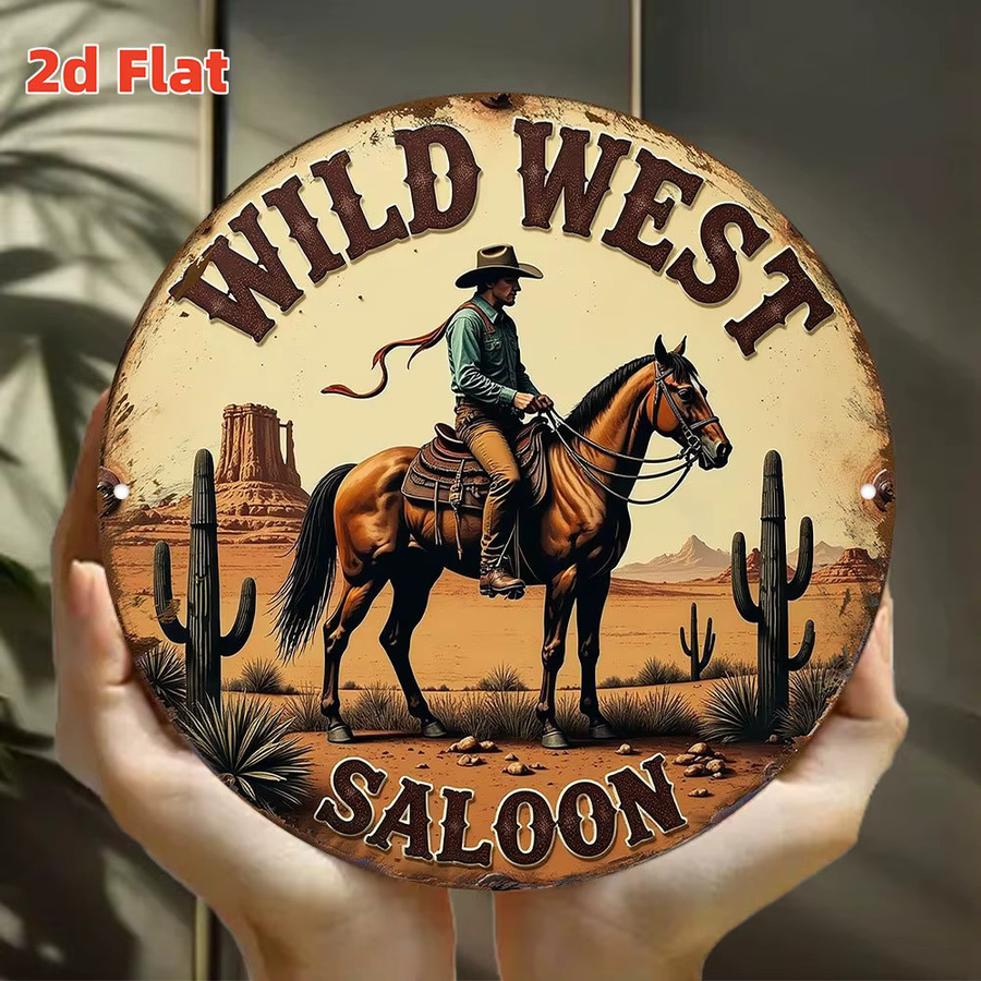 Rundes Wandkunstschild Wild West Saloon von Potdemiel – Rustikale Cowboy- und Pferdewüstenszene mit Kakteen aus Metall, Mehrfarbig, Durchmesser: 19,79 cm - Bild 2
