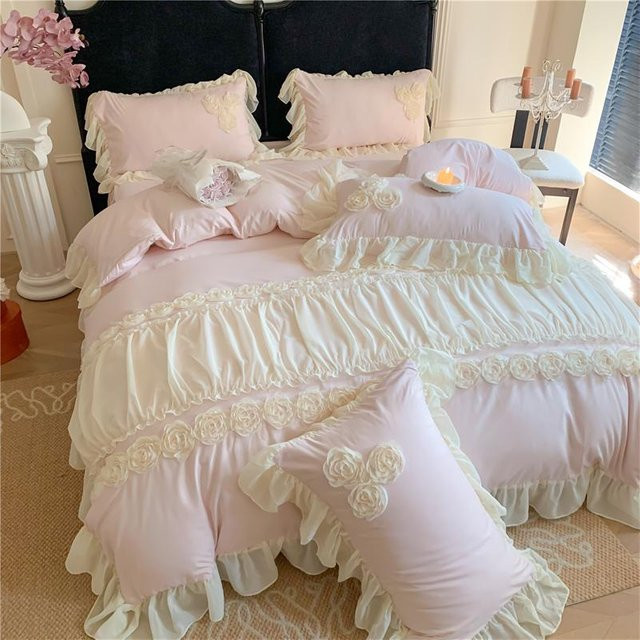 4-teiliges Bettwäscheset Bin Chi Textiles im koreanischen Prinzessinnenstil mit Blumen, Spitze und Rüschen in Rosa, Queen Size - Bild 1