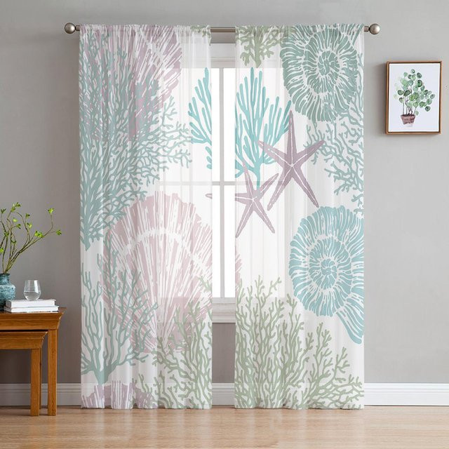 Yiran Furniture Transparente Tüllgardine mit Marine-Motiv in Blau, Breite: 135 cm, Höhe: 115 cm - Bild 1