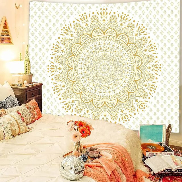VIKAMA Vintage ethnischer Wandteppich mit Mandala-Design in Gold, geometrischer Textil-Wandbehang, B/H: 60 x 40 cm - Bild 1