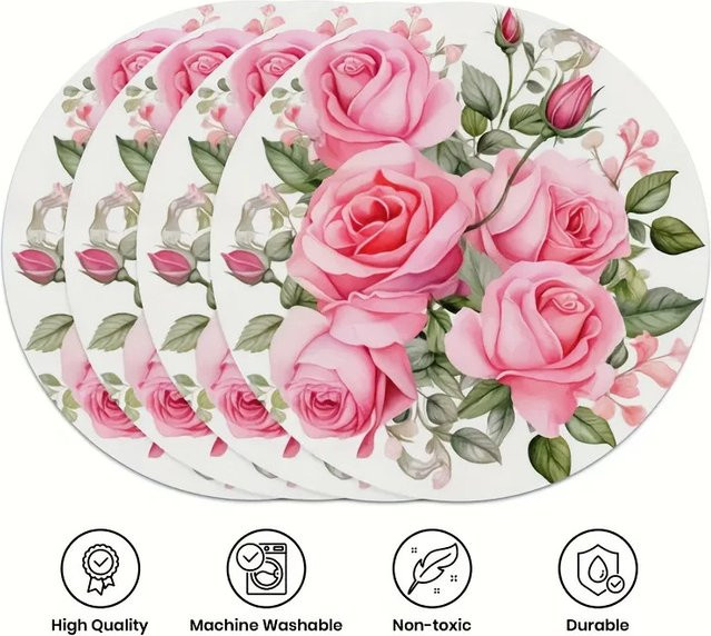 VIKAMA Tischsets aus Leinen, 4 Stück, rund, rosa, floral, maschinenwaschbar - Bild 1