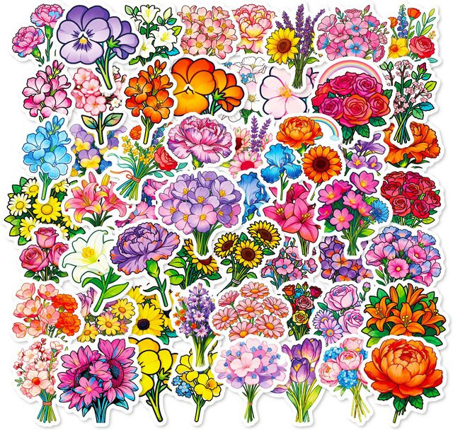 50 Stück bunte Blumen- und Pflanzen-Aufkleber aus Papier für Telefon, Vase und Schreibwaren - Bild 1