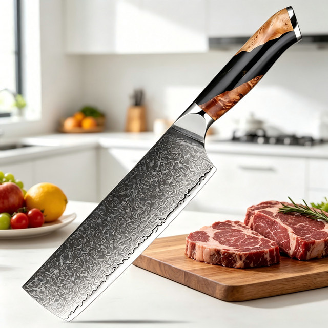 XITUO Japanisches Nakiri-Messer aus Damaszener Stahl mit schwarzem Griff aus stabilisiertem Harzholz, 17,78 cm - Bild 1