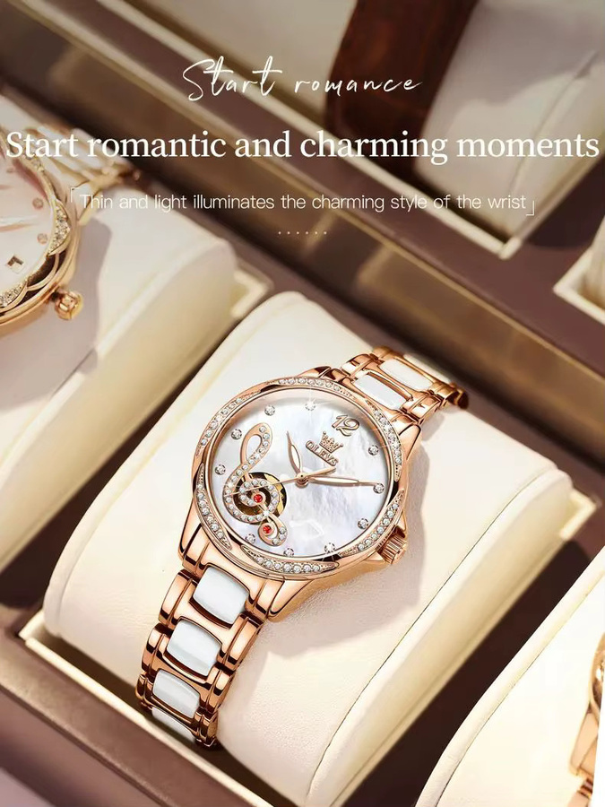 OLEVS Armbanduhr Automatik, Edelstahl, Weiß, Roségold, Damen - Bild 4