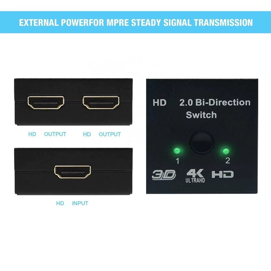 Mrgabwte HDMI Switch 2 Ports Bidirektional 1x2 / 2x1 Adapter in Schwarz unterstützt 4K Ultra HD, 1080P und 3D HDR - Bild 3