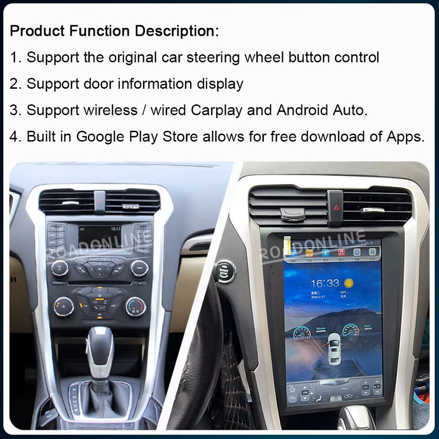 Roadonline Multimedia-Player im Tesla-Stil für Ford Mondeo Fusion MK5 2013-2017 mit 12,1 Zoll Android 14, GPS, Stereo-Empfänger, Radio und CarPlay - Bild 2