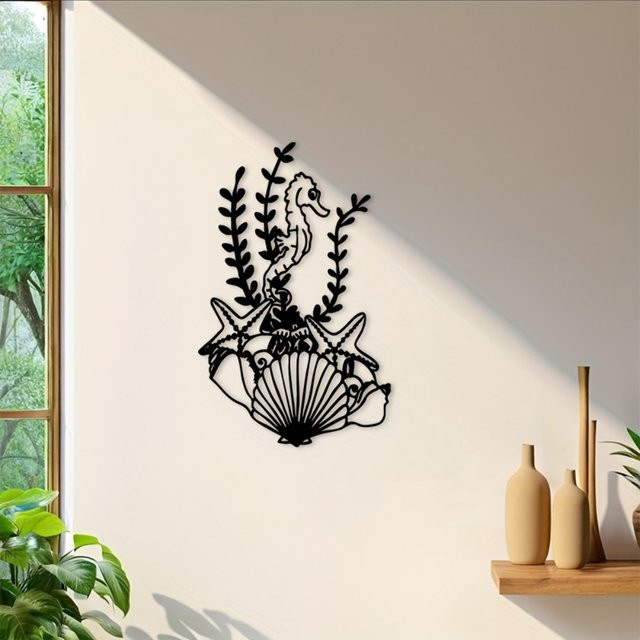 CIFBUY Nautische Metall-Wandkunst Seepferdchen und Seestern in Schwarz als Retro Küstendekoration für Badezimmer und Strandhaus - Bild 1