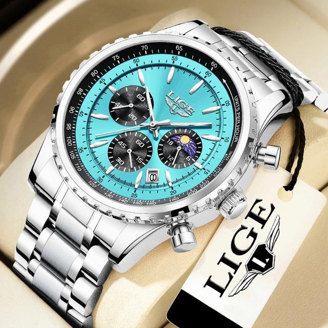 LIGE Armbanduhr Chronograph, Quarz, Leder, Edelstahl, Blau, Silber, Herren - Bild 1