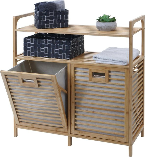 Badezimmerschrank MCW-N83 aus Bambus in Braun mit 2 Wäschekörben und 2 Regalböden, B/T/H: 81 x 33 x 88 cm - Bild 1